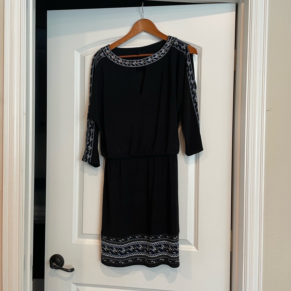 White House Black Market Elegant Black Dress with Patterned Trim